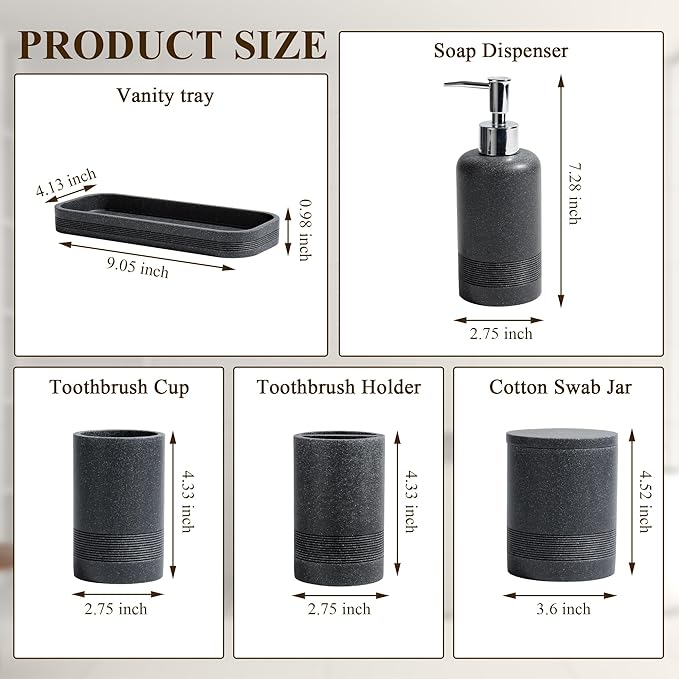 Bathroom Accessories Set, 6-Piece Bathroom Accessory Set, Toothbrush Holders Set, Soap Dispenser, Vanity Tray, Tumbler, Cotton Swab Jars, Bathroom Organizer for Modern Bathrooms(Black)