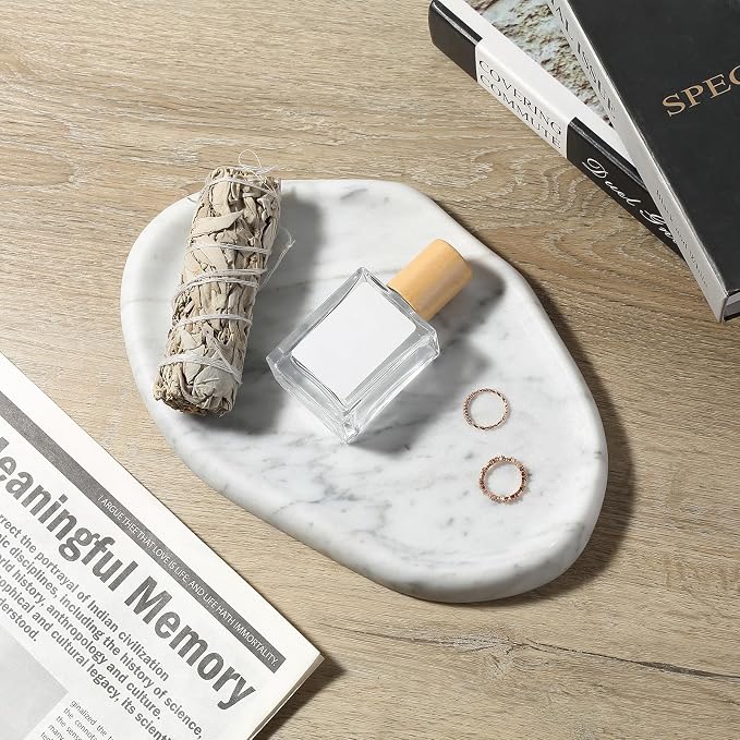 Koville Luxurious Natural Marble Vanity Tray for Home Decor, Cloud Shape Serving Stone Key Tray, 10" x 7" Marble Storage Trays for Bathroom, Stone Plate for Perfume, Candle and Jewelry（Bianco Carrara）