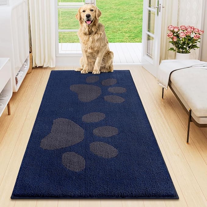 Smiry Dog Door Mat for Muddy Paws, Absorbs Moisture and Dirt, Low-Profile Entryway Mat with Non-Slip Backing, Entry Indoor Outdoor Doormat for Inside Floor (47x24 Inches, Navy Blue, Paw)