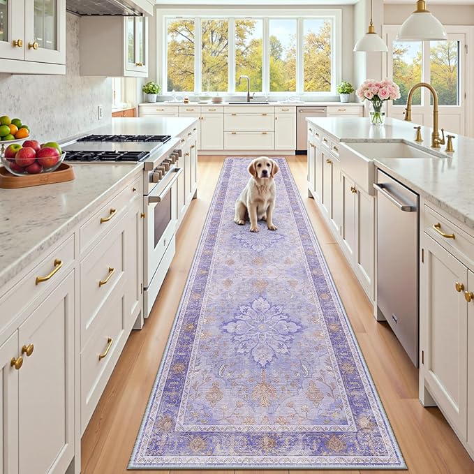 RELEANY Area Rugs Runner 2'x10' Washable Non-Slip, Floral Vintage Distress Medallion Carpet for Kitchen Hallway Bedroom Beside Laundry Room Bathroom, Light Purple Brown