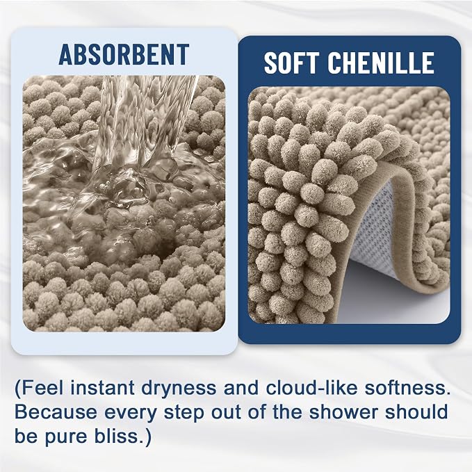 Grandaily Chenille Striped Bathroom Rugs 44x24, Extra Thick and Soft Absorbent Bath Mats, Rubber Backing, Plush Shaggy Shower Carpet, Machine Wash Dry, Bath Rug for Bathroom, Warm Taupe