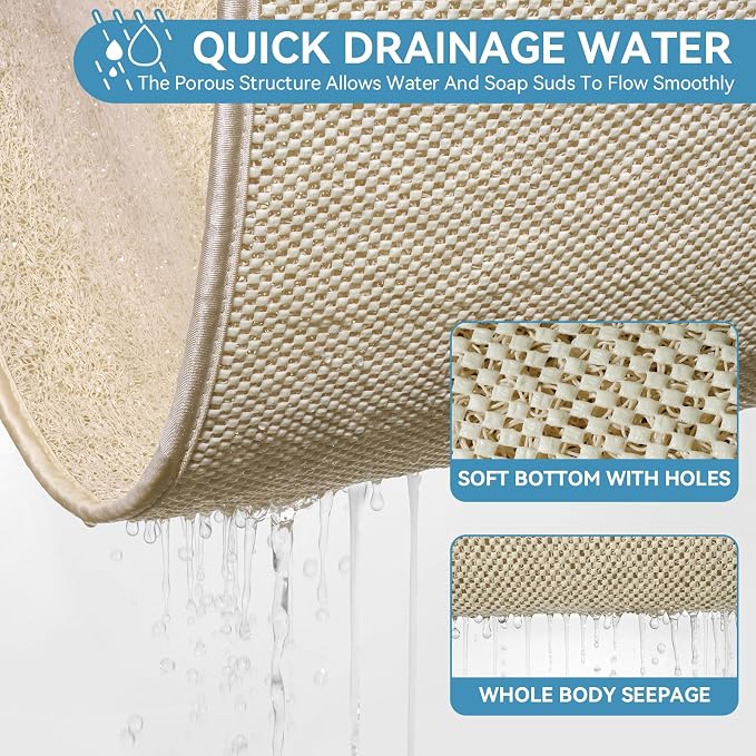 Non Slip Shower Mat Bathtub Mat 16x24 Inch, Quick Dry Bath Mat with Drain, Soft PVC Imitation Loofah Foot Scrubber Bath Mats for Bathroom Tub Shower Floor, Hangable & Hook Included, Beige