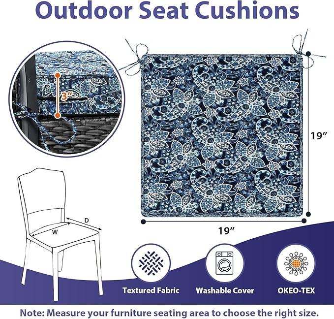 IPYNBAP Outdoor Chair Cushions Set of 4 -Waterproof Outdoor Seat Cushions for Patio Furniture, Patio Chair Cushion with Handle and Ties, Out Door Chair Pads,19x19x3-Square, Green Paisley