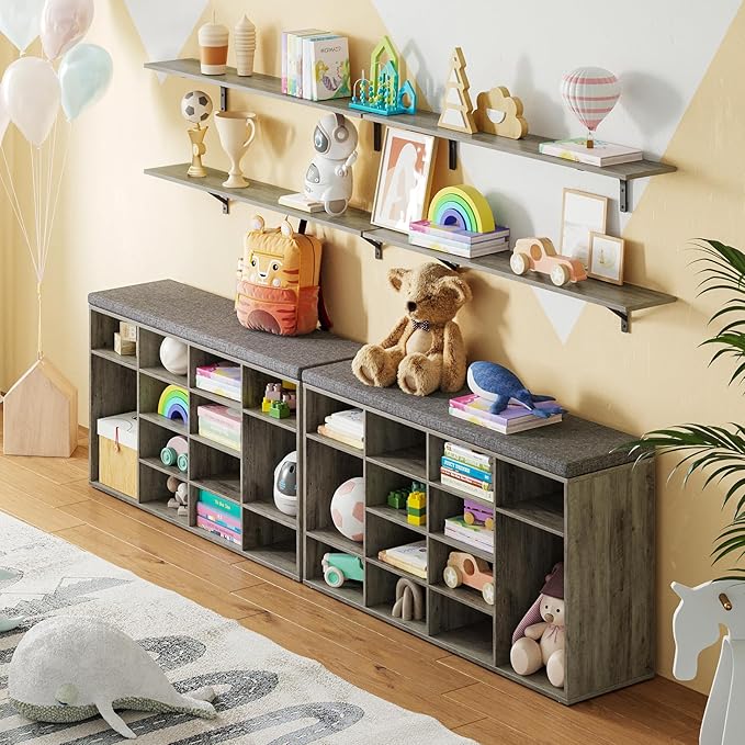 DINZI LVJ Shoe Storage Bench with Cushion, 14-Cubby Shoe Rack, Adjustable Shelves, Multifunctional Shoe Organizer Bench for Entryway, Mudroom, Hallway, Living Room, Bedroom and Garage, Gray Wash