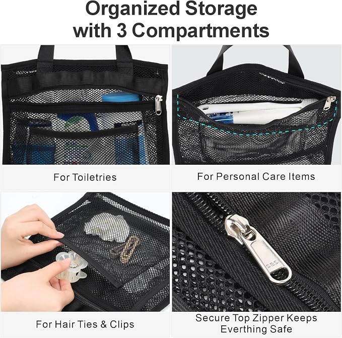 F-color Mesh Shower Caddy Portable Hanging - 3 Pockets Small Shower Bag Tote with Zipper Closure for Camping, Gym Lockers, Travel, Toiletry, Quick Dry Bathroom Essentials with S Hook, Black