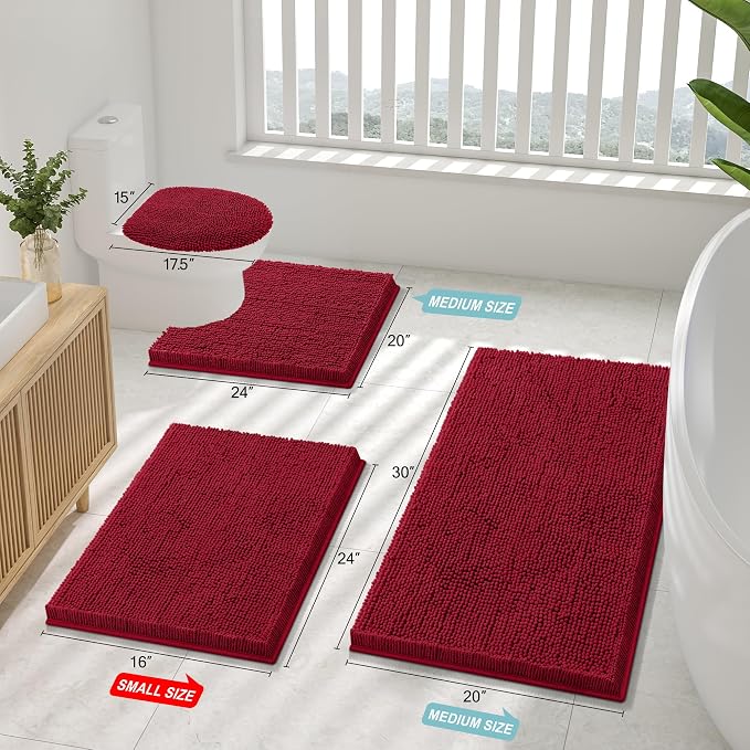 Smiry Luxury Chenille Toilet Rugs U-Shaped 20x20, Soft Absorbent Non-Slip Contour Bathroom Rugs for Toilet, Machine Washable Contoured Bath Mats, Red