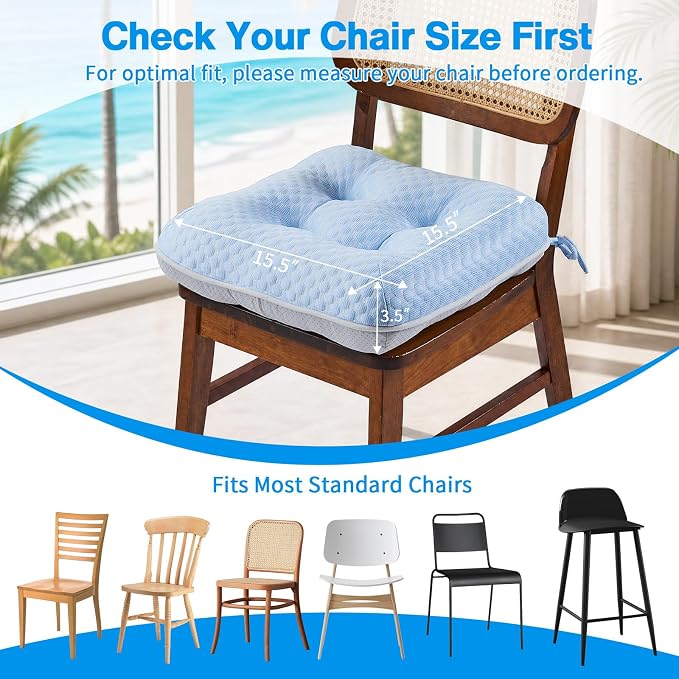 BETU Chair Cushions for Dining Chairs Set of 6,Seat Cushion Kitchen Table Chair Pads with Ties,Non Slip Backing and Covers, Seat Cushions for Dining Room,Bar,Patio Chairs,15.5"X15.5"X3.5",Blue