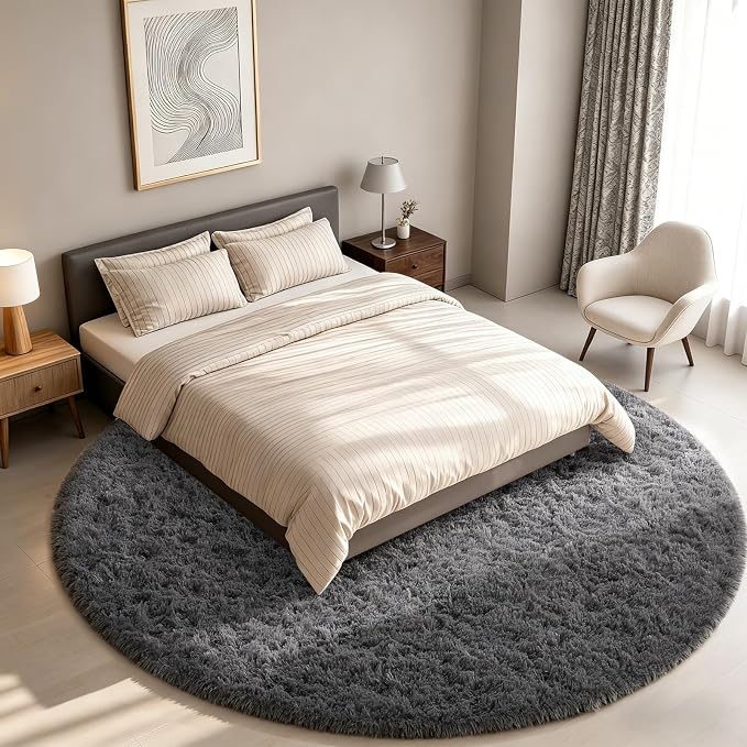 Ophanie Round Rug 8Ft Grey Circle Area Rugs, Large Fluffy Fuzzy Living Room Carpet 8 feet, Plush Shag Solid indoor Floor Gray Bedroom Christmas Circular Aesthetic Decor for Kids Teen Boys Baby,Nursery