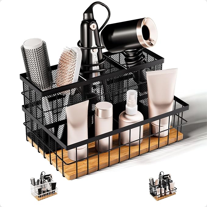HB Design Co. Hair Tool Organizer - Countertop & Under Sink - Breathable Metal & Bamboo - Hot Hair Tools Organizer - Black