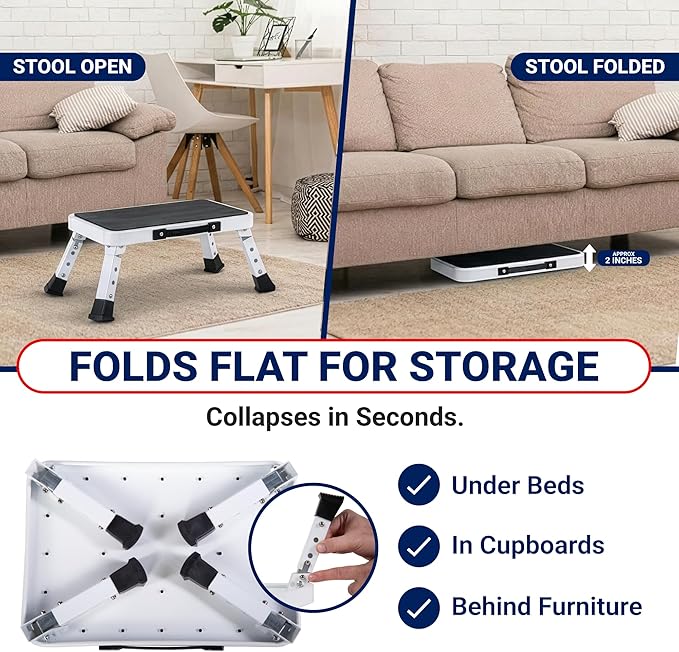 Arrigo Folding Step Stool with 3 Adjustable Heights – 330lb Capacity, Wide Anti-Slip Treads – Compact, Portable & Collapsible – Foldable Bed Stairs, Kitchen Ladder & Foot Stool for Adults