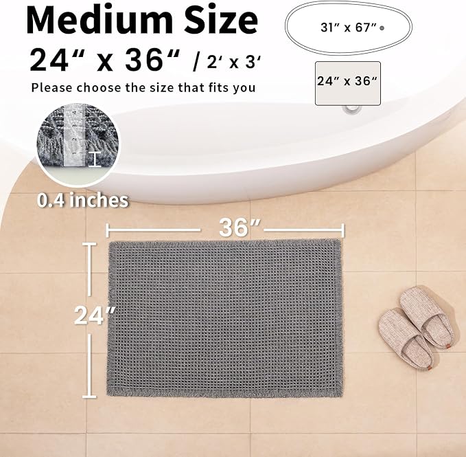 Waffle Bath Mat - Boho Bathroom Rugs Non Slip Washable, Super Absorbent & Quick Dry, Soft Bath Mat Farmhouse Bathroom Decor, 24'' x 36'', Dark Grey