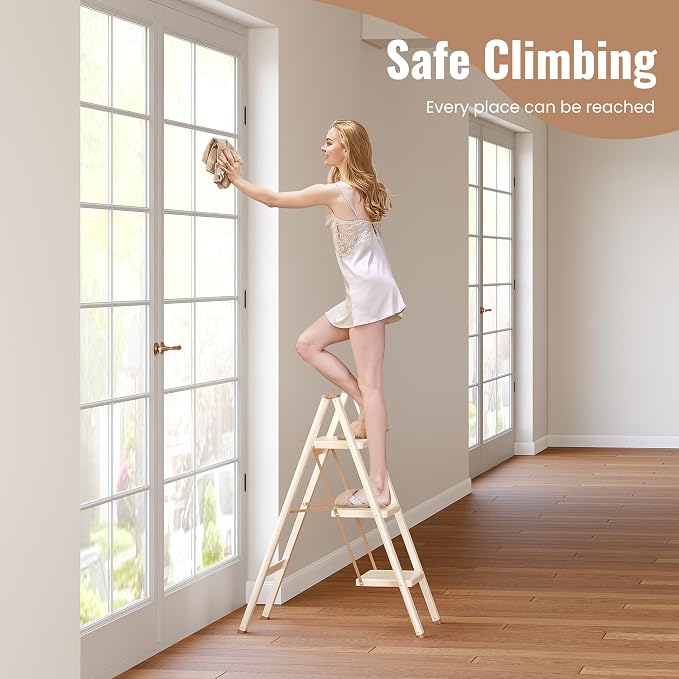 3 Step Ladder, 3 Step Stool for Adults, Folding Step Ladder with Secure Footing, Widened Pedal, Aesthetically Pleasing Looking, Blends Right into Domestic Rooms, Cream Chocolate