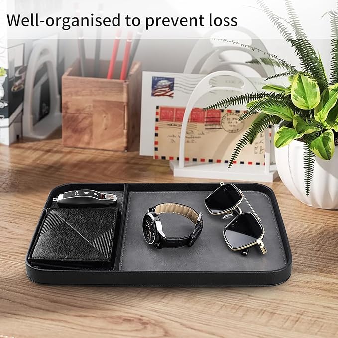 SENEN Leather Tray, Stylish and Organized Multifunctional Tray, for Table Entryway, Premium PU Leather, Catchall Tray for Keys, Watch, Wallet, Jewelry, and More (Black Frame)