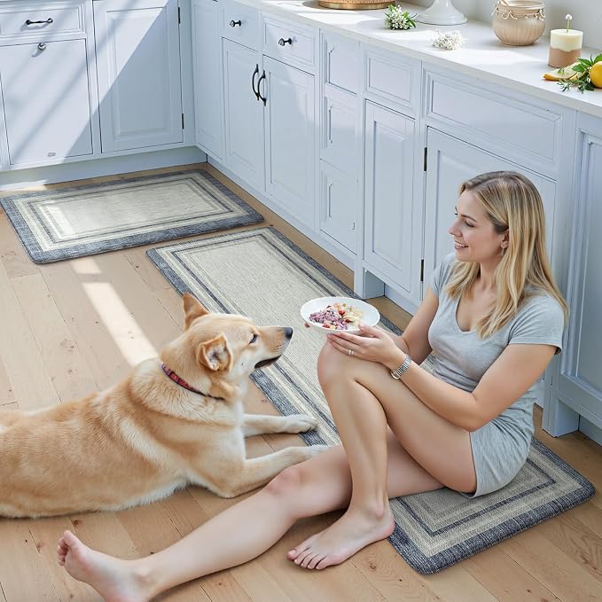KIMODE Anti Fatigue Kitchen Mat 2PCS,Non-Skid Waterproof Kitchen Rugs,Farmhouse Kitchen Mat for Floor,Cushioned Comfort Foam Standing Mat for Floor,Office,Sink,Desk,Laundry,Blue and Gray