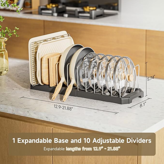 MUDEELA Pot Lid Organizer Rack for Cabinet, Expandable Pots and Pans Organizer under Cabinet with 12 Adjustable Dividers, Pan Organizers Holder inside Cabinet for Cutting Boards, Baking Sheets, Black