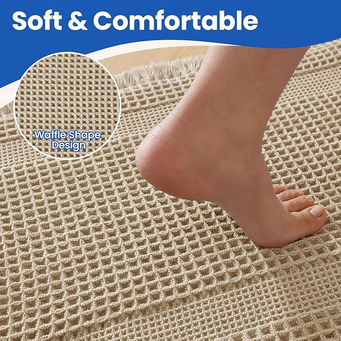 Waffle Bath Mat - Non Slip Bathroom Rugs - Washable Super Absorbent & Quick Dry Bath Mats with Tassels for Hallway Bedroom Laundry Room,20" x 32",Brown