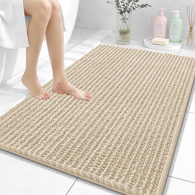 OLANLY Bathroom Rug Mat 40x32, Thick Soft and Absorbent Chenille Bath Mat, Non-Slip Rubber Backing, Machine Washable Quick Dry Bath Rugs for Tub Shower Floor, Home Decor Accessories, Beige