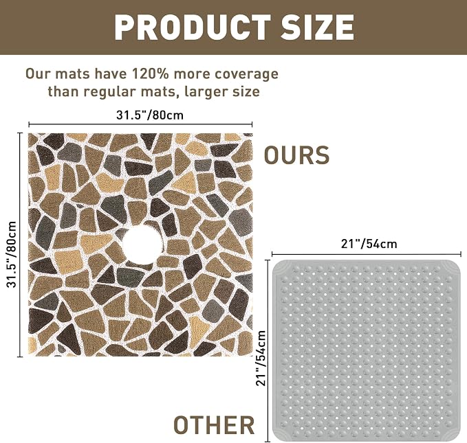 Square Shower Mat Non Slip: 32 x 32 Inch Extra Large Shower Mats with Drain Hole in Middle - PVC Loofah Anti Slip Shower Floor Matt for Inside Shower