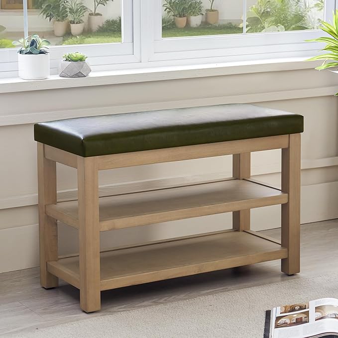 Zihanhome Shoe Rack Bench with Leather Cushion, 2 Tier Solid Wood Storage Bench, Mid-Century Modern Shoe Bench for Entryway, Hallway, Closet, Front Door Entrance, Foyer (Green, 31.5)