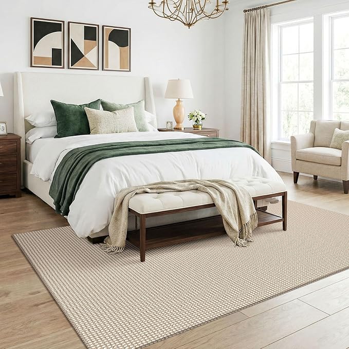 KOZYFLY Washable 5x7 Living Room Rug, Non Slip Woven Area Rugs, Braided Floor Carpet for Entryway, Kitchen, Bedroom, Dining Room, Office, Cotton Rug Indoor Decor, Ivory/Camel/Brown
