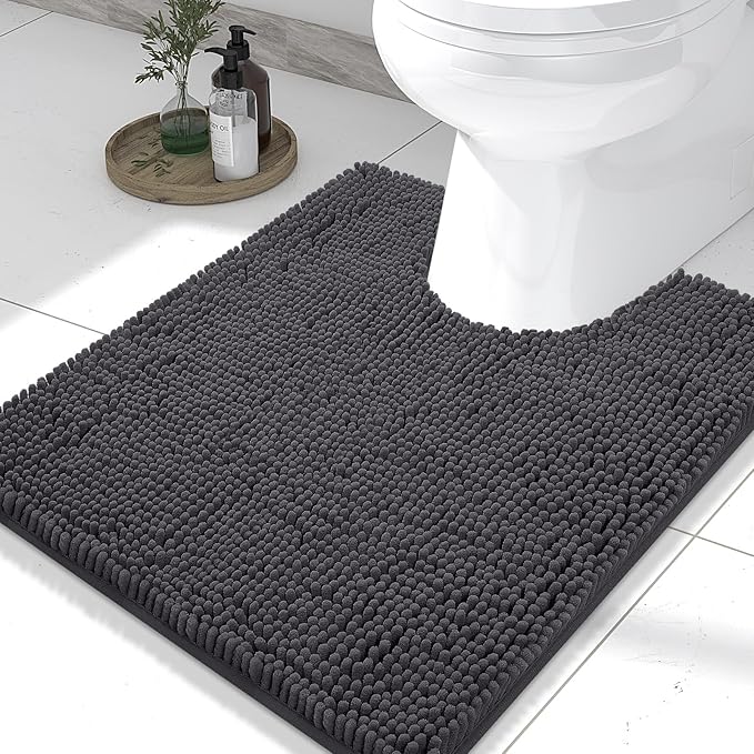 Smiry Luxury Chenille Toilet Rugs U-Shaped 24x20, Soft Absorbent Non-Slip Contour Bathroom Rugs for Toilet, Machine Washable Contoured Bath Mats, Charcoal Grey