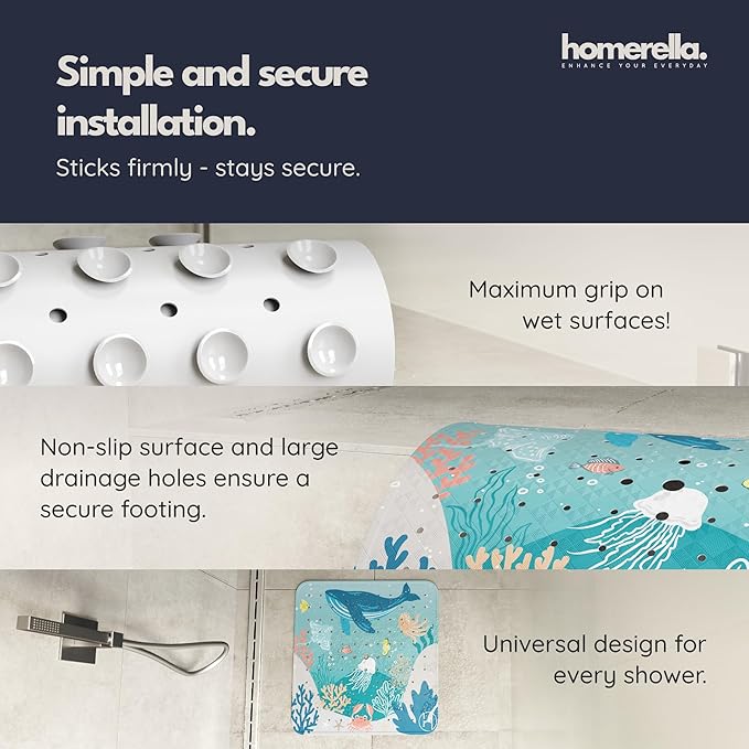 homerella® Shower Mat Non Slip Anti Mold, Non Slip Shower Mats for Inside Shower Stall Anti Slip Mat, Square Shower Floor Mat 21 x 21 in with Suction Cups & Hooks for Quick Drying, Machine Washable