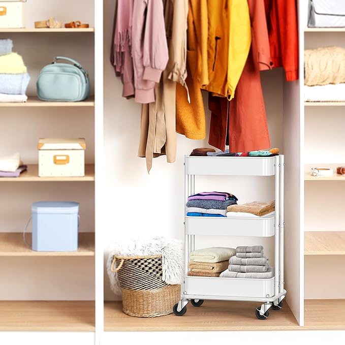 Simple Houseware 3-Tier Compact Utility Rolling Cart, Low 24” Height Fits Under Desk, Space-Saving Storage for Home Office, Dining Room, or Kitchen, White