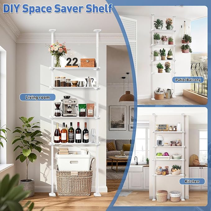 SUNALLY Over The Toilet Storage Shelf, 4-Tier Adjustable Over Toilet Bathroom Organizer,Tension-Mounted Bathroom Storage Rack for Ceilings, No Drill Space-Saving Shelving for Small Rooms,White