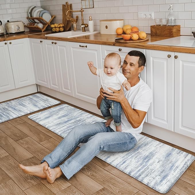 KIMODE Kitchen Mats for Floor, Abstract Kitchen Rugs Sets of 2, Anti Fatigue Mats for Kitchen Floor, Cushioned Comfort Kitchen Floor Mats for Sink Laundry Desk Multi-Blue 17"x59"+17"x29"