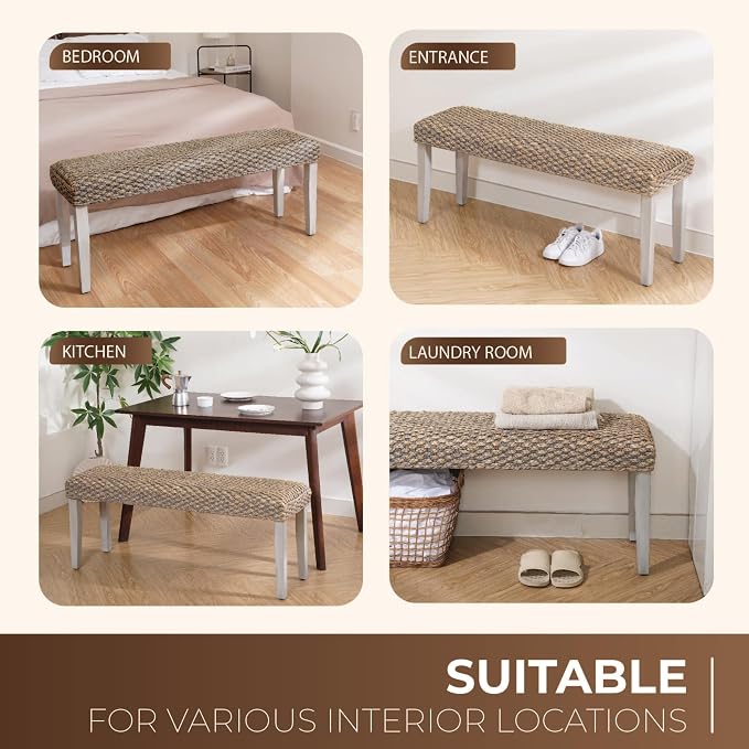 Solid Wood Acacia Indoor Bench with Natural Woven Water Hyacinth Seat, Wood Bench for Living Room or Entryway, Vintage Bench, Fishbone Style, Plait Style with Grey Leg
