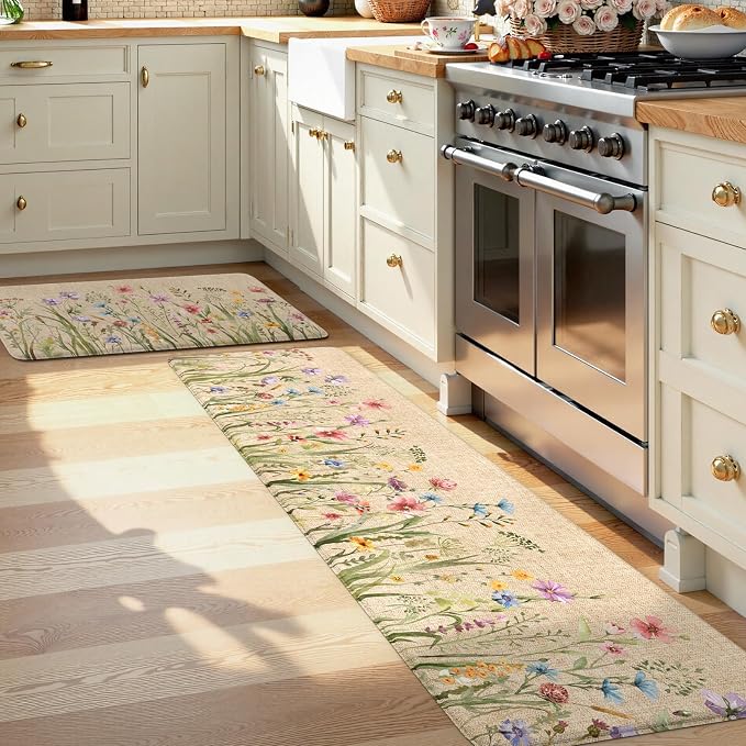 KIMODE Anti Fatigue Kitchen Mats for Floor, Farmhouse Brown Kitchen Rugs Sets of 2, Summer Cushioned Kitchen Floor Mats, Comfort Standing Mats for Sink Laundry Office Desk 20"x59"+20"x32"