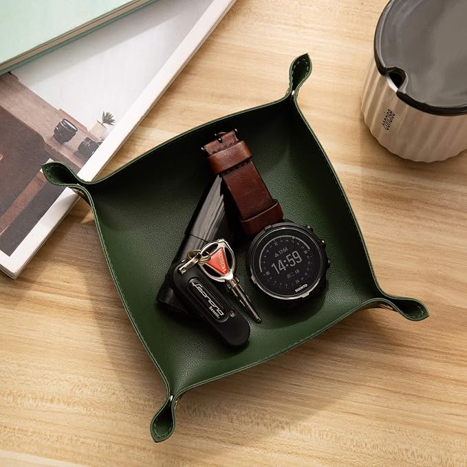 Leather Jewelry Valet Tray for Women and Man, Entryway Table Bedside Nightstand Desk Portable Small Catchall Travel Dish Plate for Key,Wallet,Watch,Phone,Coin(Dark Green-B)
