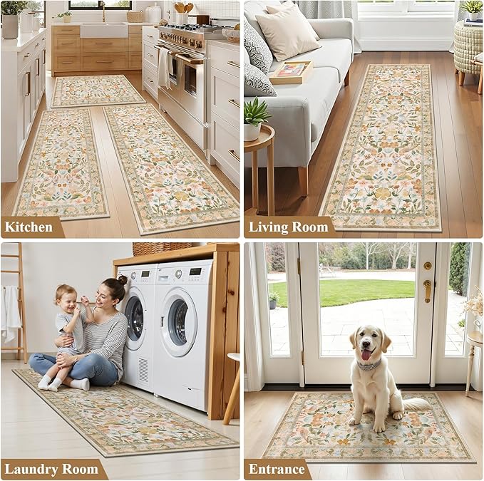 HEBE Boho Kitchen Rugs Sets of 3, Non Slip Washable Kitchen Mats for Floor, Farmhouse Kitchen Carpet Runner Rug Set for Sink, Stove, Laundry Room & Hallway