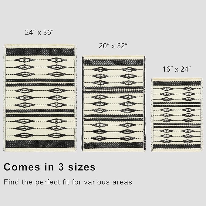 Douceur Boho Bath mat for Bathroom Floor Non Slip, Acrylic Blend Cute Bath Rugs with Tassels, Farmhouse Bathroom Rugs with Geometric Tribal Ethnic Pattern Design in Black and Cream White, 20" x 32"