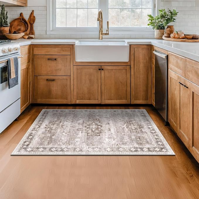 Washable Neutral Farmhouse Large Entryway Rug, 3x4 Area Rugs for Kitchen, Bedroom, Nursery Room, Boho Vintage Floral Non-Slip Throw Rug Low Pile Stain Resistant (3x4 Beige/Latte)