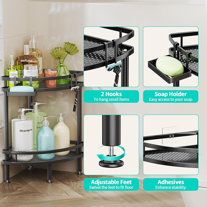HapiRm Standing Corner Shower Caddy - 2 Tier Shower Organizer Corner with Soap Holder and 2 Hooks, Rustproof Bathroom Storage Shelves with Adhesives, Black