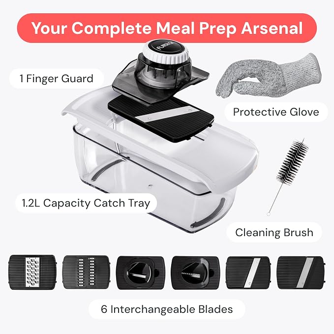 Fullstar Mandoline Slicer for Kitchen, Fruit Cutter, Cheese Grater, Cucumber Slicer, Veggie Spiralizer, Food Cutter & Kitchen Gadgets & Gifts with Safety Glove (6 in 1, White)
