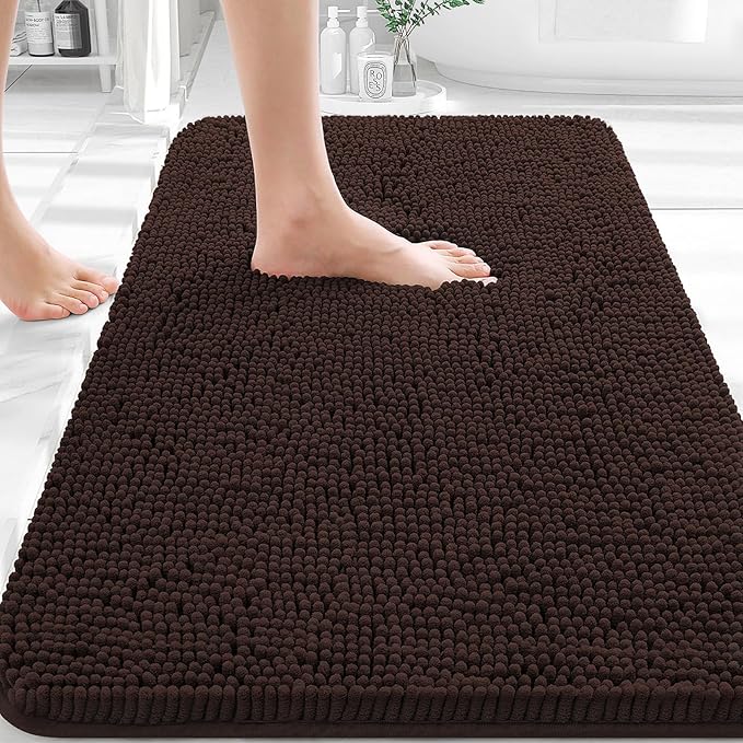OLANLY Bathroom Rugs 32x20, Extra Soft Absorbent Chenille Bath Rugs, Rubber Backing Quick Dry, Machine Washable Bath Mats for Bathroom Floor, Tub and Shower, Home Decor Accessories, Brown