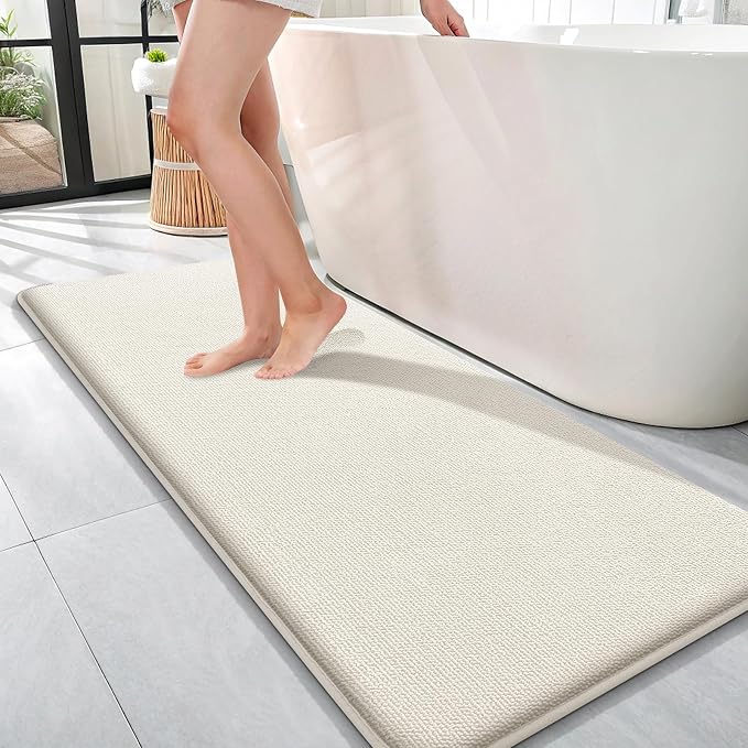 OLANLY Thick Memory Foam Bathroom Runner Rugs 47x17, Extra Soft Absorbent Long Bath Rug, Quick Dry Bath Mats, Non-Slip, Machine Washable Mat for Bathroom, Tub and Shower, Home Decor Accessories, Ivory