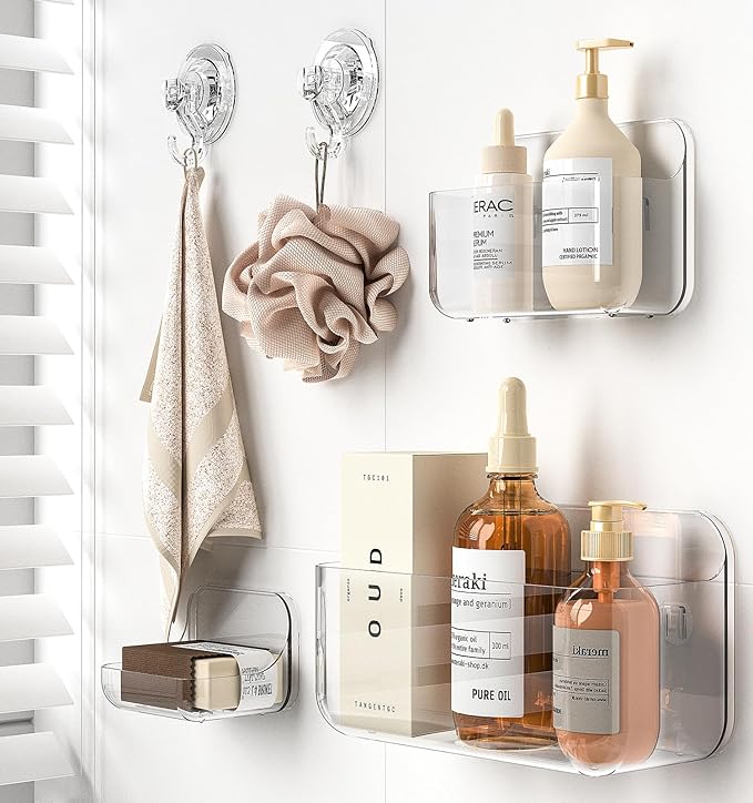 Shower Shelves 5 Pack Clear Acrylic Bathroom Organizer Caddy | Large Capacity, Adhesive Shower Caddy with Soap Holder and Hooks, Waterproof and Rustproof, Multiple Drainage Holes