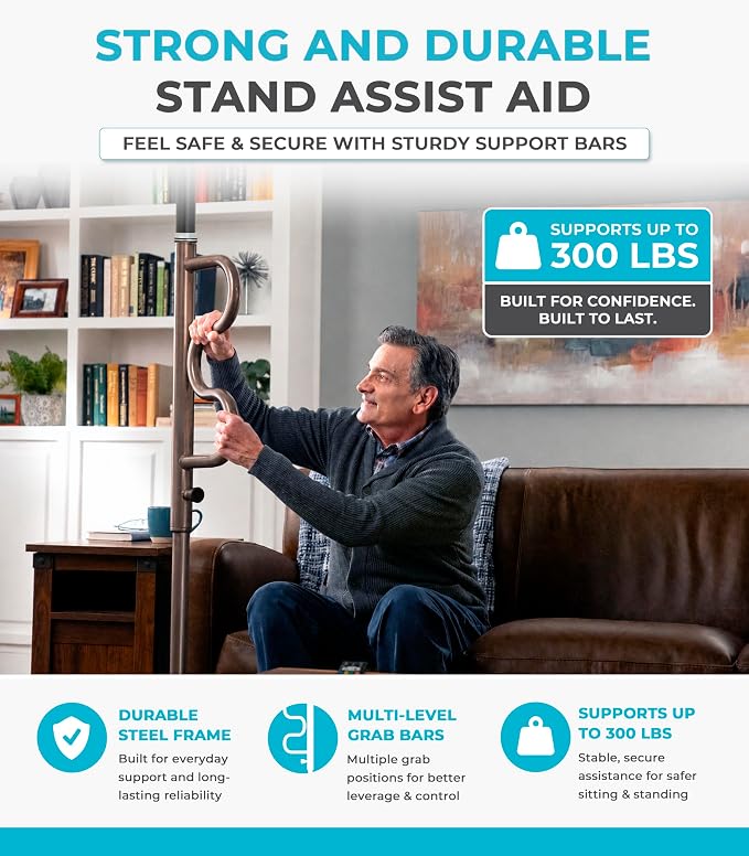 Stander Wonder Pole Plus with Rotating Double Grab Bar, Tension Mounted Security Pole for Seniors & Elderly Adults, No-Drill Floor to Ceiling Transfer Pole for Home & Bath Safety, Bronze