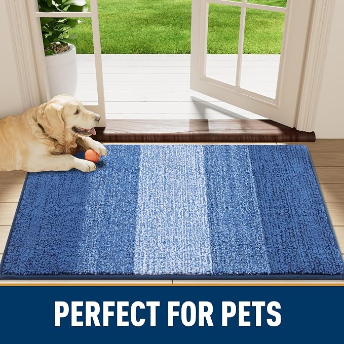 Smiry Dog Door Mat for Muddy Paws, Absorbs Moisture and Dirt, Low-Profile Entryway Mat with Non-Slip Backing, Entry Indoor Outdoor Doormat for Inside Floor (70x24 Inches, Navy Blue, Striped)
