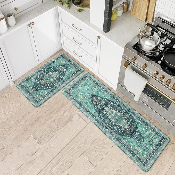 Collive Boho Kitchen Mats for Floor 2 Piece, Cushioned Anti Fatigue Kitchen Floor Mat Non-Skid Waterproof Under Sink Rug, Teal/Multi Comfort Standing Desk Rugs for Office, 17.3"x29"+17.3"x47"