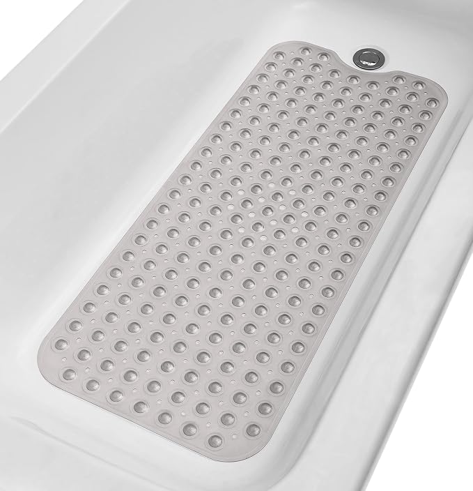 Extra-Long Non-Slip Bathtub & Shower Mat 39”x16” (Smooth/Non-Textured Tubs Only) Safe, Clean, Machine-Washable, Superior Grip&Drainage, Vinyl, Transparent Gray (Grey)