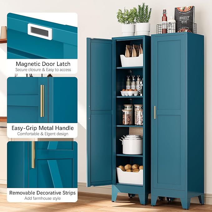 Tall Narrow Kitchen Pantry Cabinet for Small Space, 67" Metal Slim Pantry with Single Door and 4 Adjustable Shelves, Freestanding Skinny Storage Metal Broom Closet for Bathroom, Living Room, Laundry