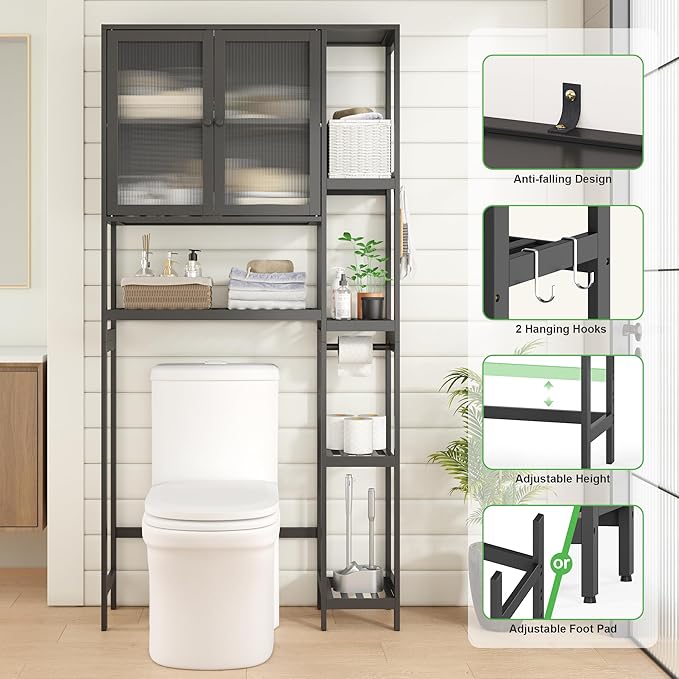 Over the Toilet Storage Cabinet Above Toilet Bathroom Organizer with Toilet Paper Holder Stand Bath Organizer with Adjustable Shelves & Acrylic Doors,Anti-Tip Device (Black)