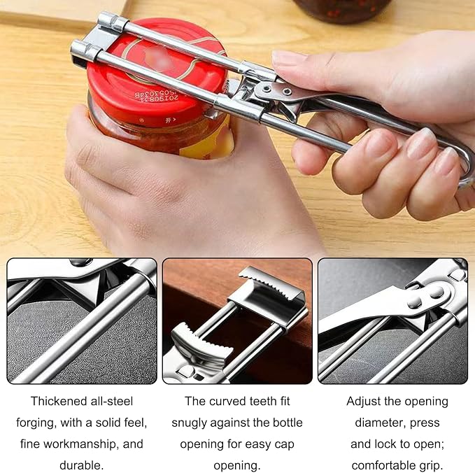 Adjustable Stainless Steel Jar Opener - 2 Pack, Heavy-Duty One-Handed Tool for Seniors & Weak Hands, Opens Any Stubborn Lid