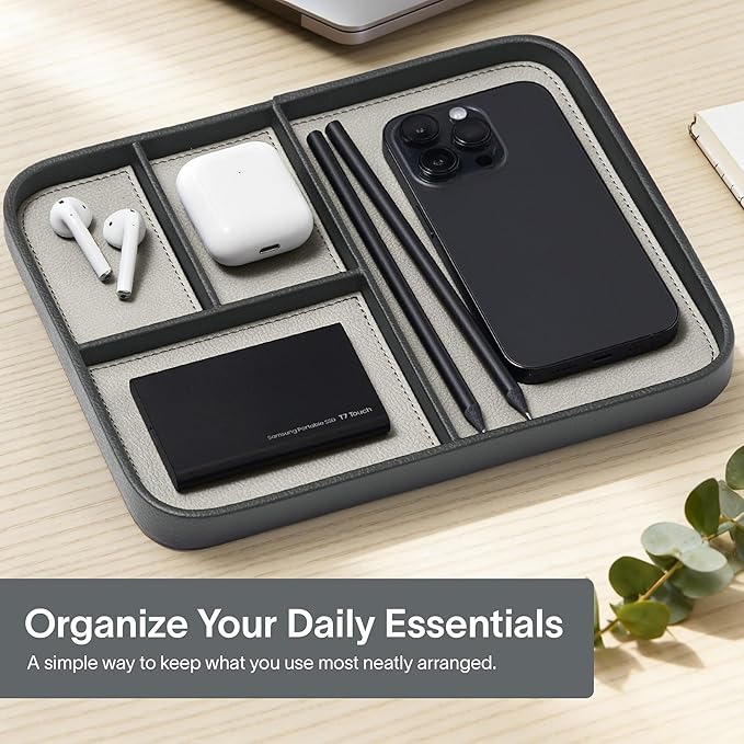 Nordik Leather Valet Tray - Sahara Gray - 9.5 x 7.9 Inch Medium Vegan Leather Tray - Stylish Nightstand Organizer for Men - Modern Bedside Caddy - EDC Catchall for Key Watch Wallet Jewellery