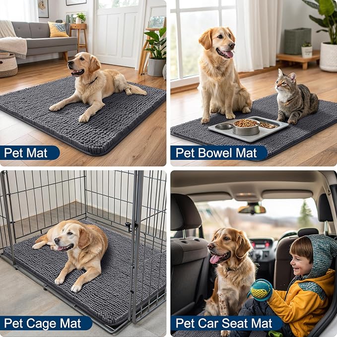 Smiry Dog Door Mat for Muddy Paws 70x35, Absorbent Dirt Trapper, Non-Slip Washable Chenille Entryway Rug for Inside Floor, Dark Grey, Classic Solid