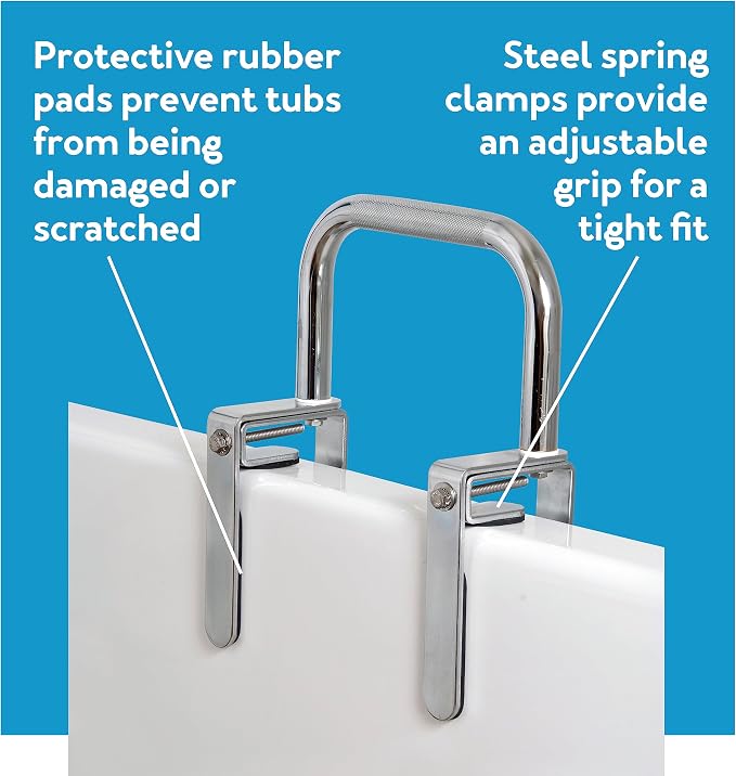 Carex Bathtub Rail with Finish Bathtub Grab Bar Safety Bar for Seniors and Handicap for Assistance Getting in and Out of Tub, Easy to Install on Most Tubs, Chrome, 1 Count